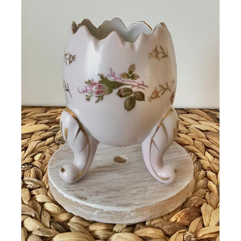 Vtg Pink Porcelain Footed Egg Vase Floral Gold Gilt Art Deco MCM Cottagecore